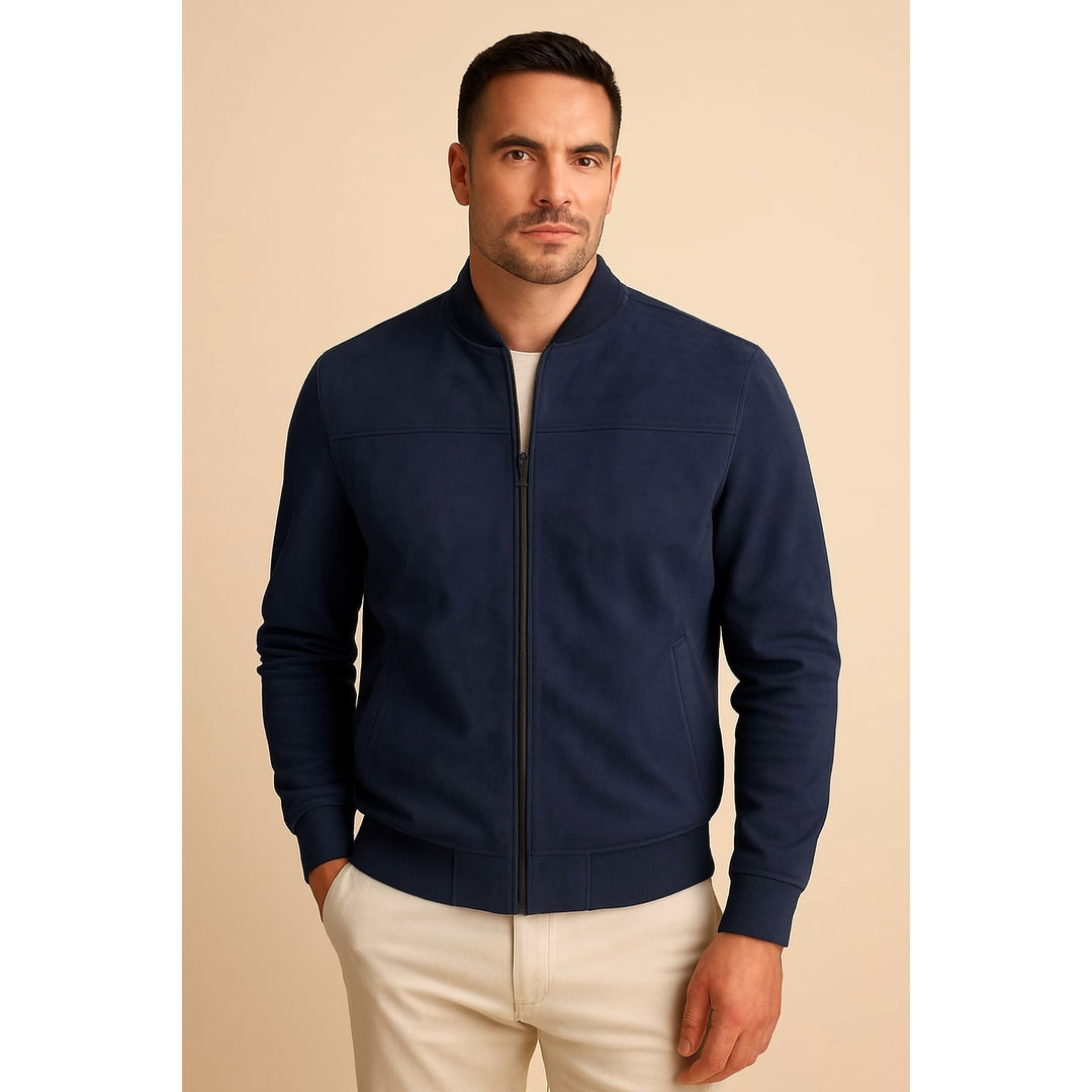 Men's Faux Suede Zip Jacket in Navy, front view