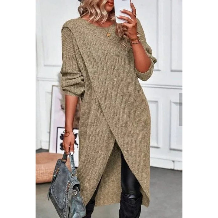 Women's Long Knit Cardigan in Khaki, front view