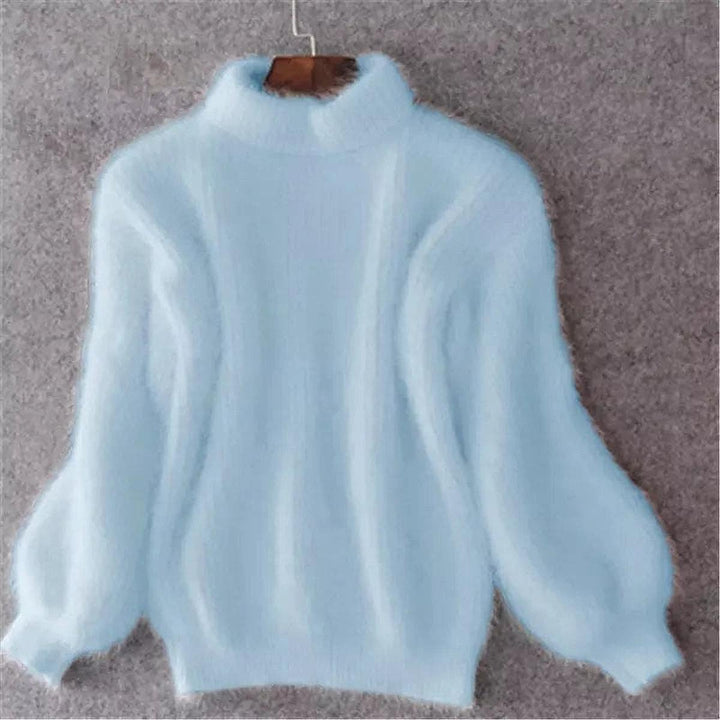 Women's Fuzzy High Neck Sweater in Blue, front view
