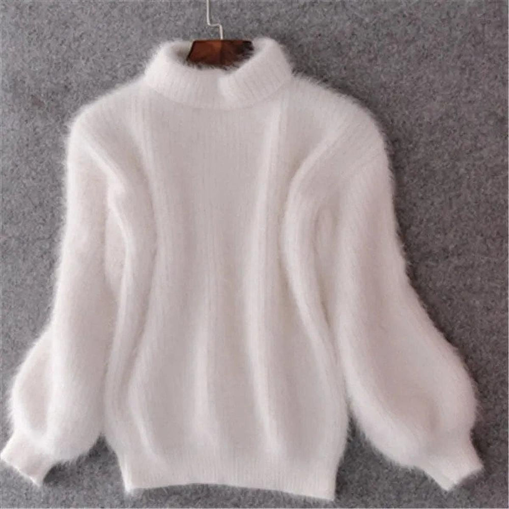 Women's Fuzzy High Neck Sweater in White, front view