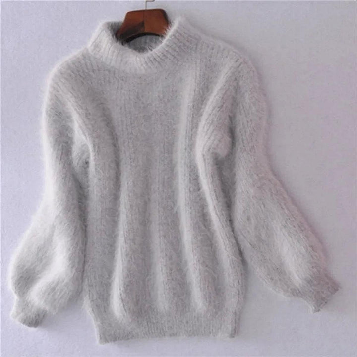 Women's Fuzzy High Neck Sweater in Gray, front view