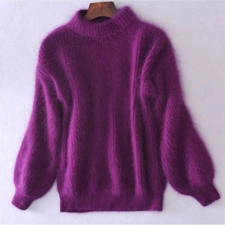 Women's Fuzzy High Neck Sweater in Purple, front view