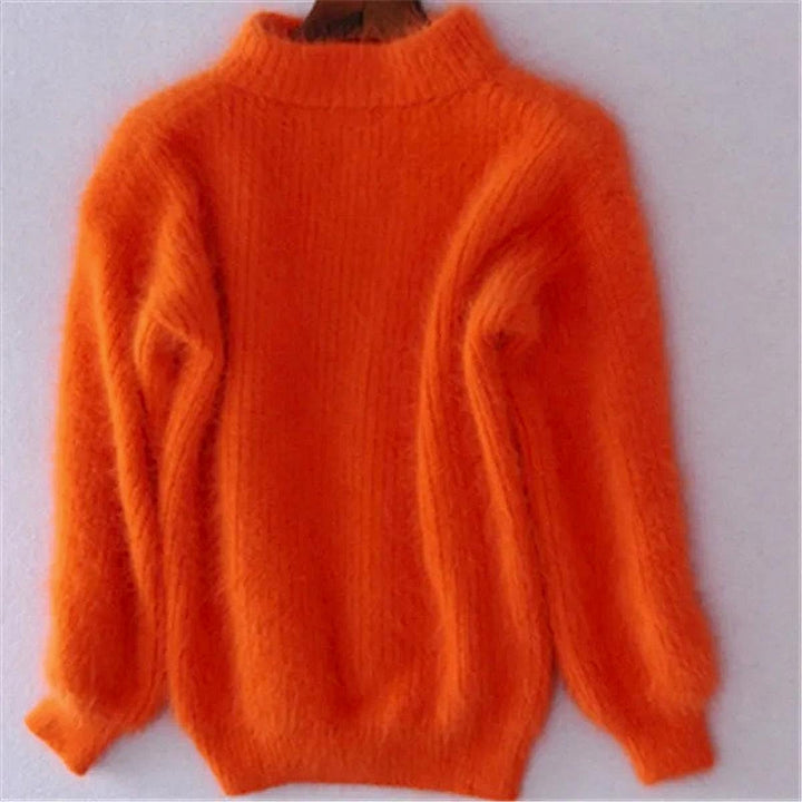Women's Fuzzy High Neck Sweater in Orange, front view