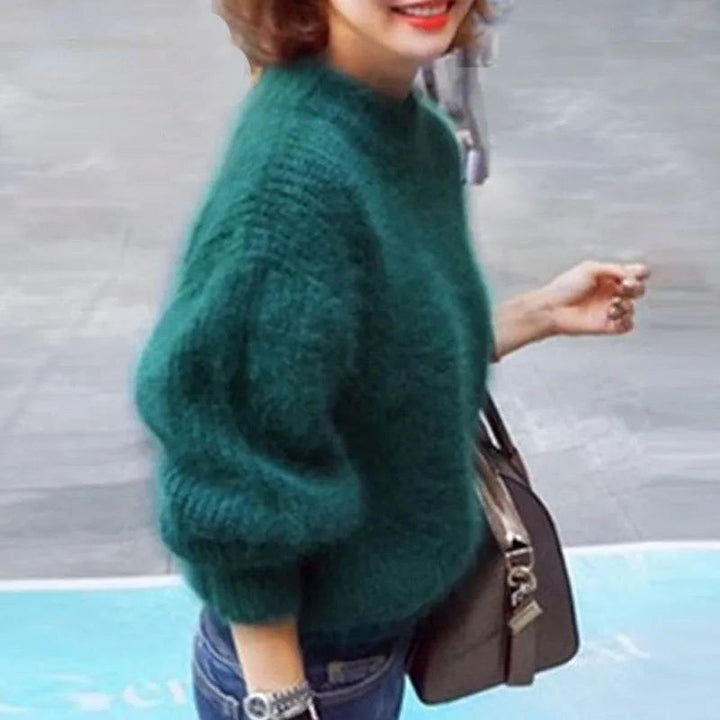 Women's Fuzzy High Neck Sweater in Green, side view