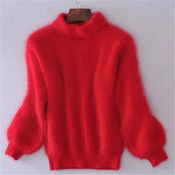 Women's Fuzzy High Neck Sweater in Red, front view