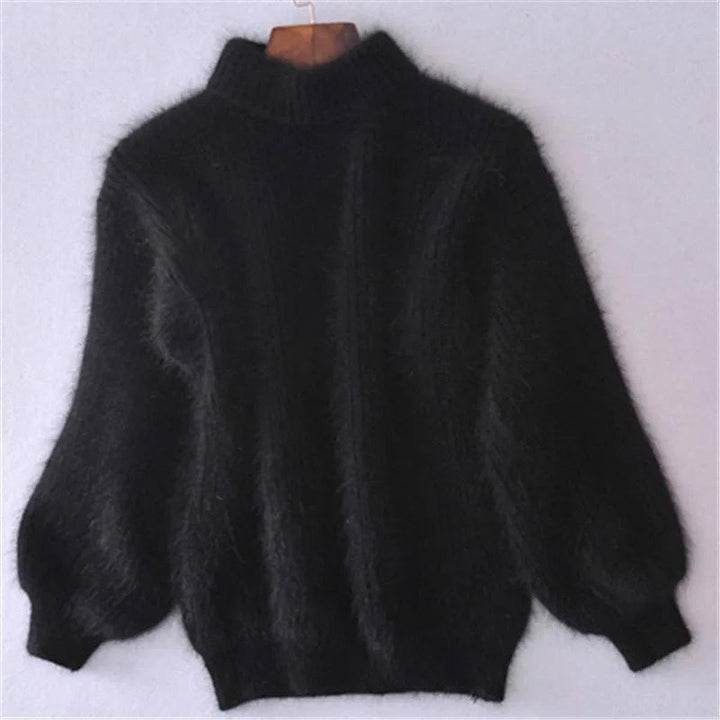 Women's Fuzzy High Neck Sweater in Black, front view