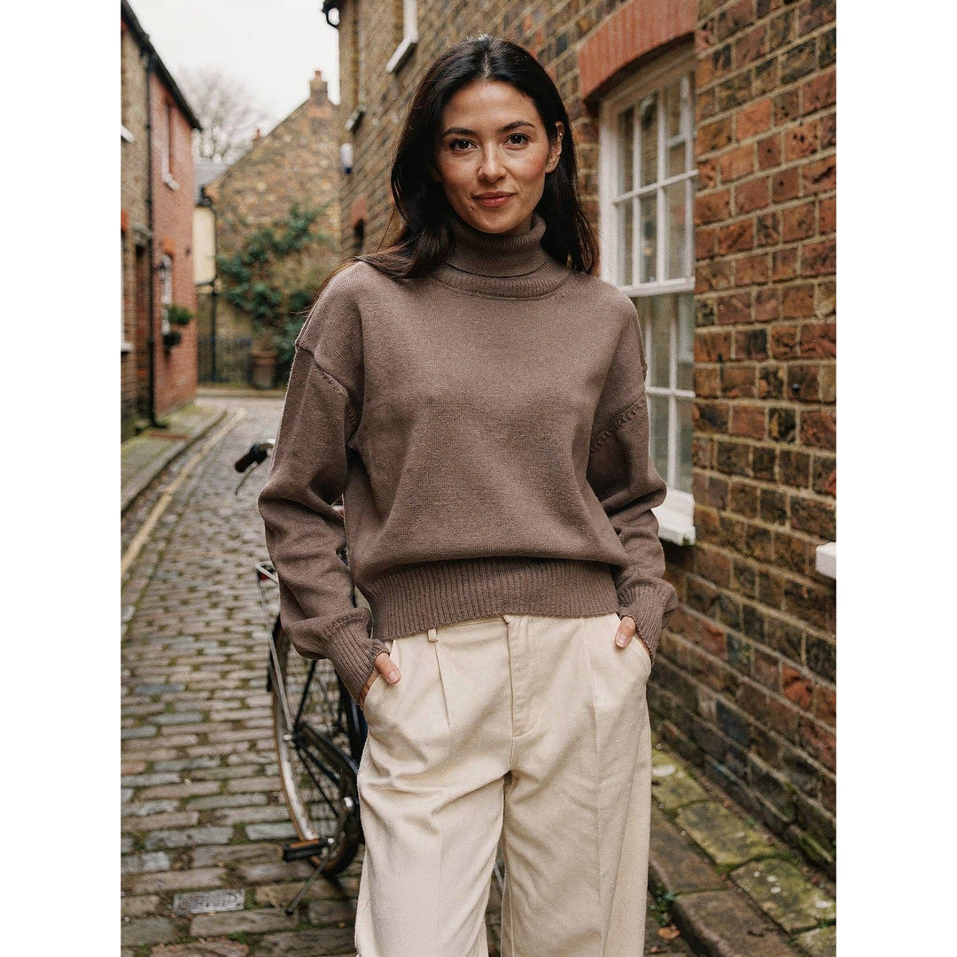 Women's Cropped Turtleneck Sweater in Taupe, front view