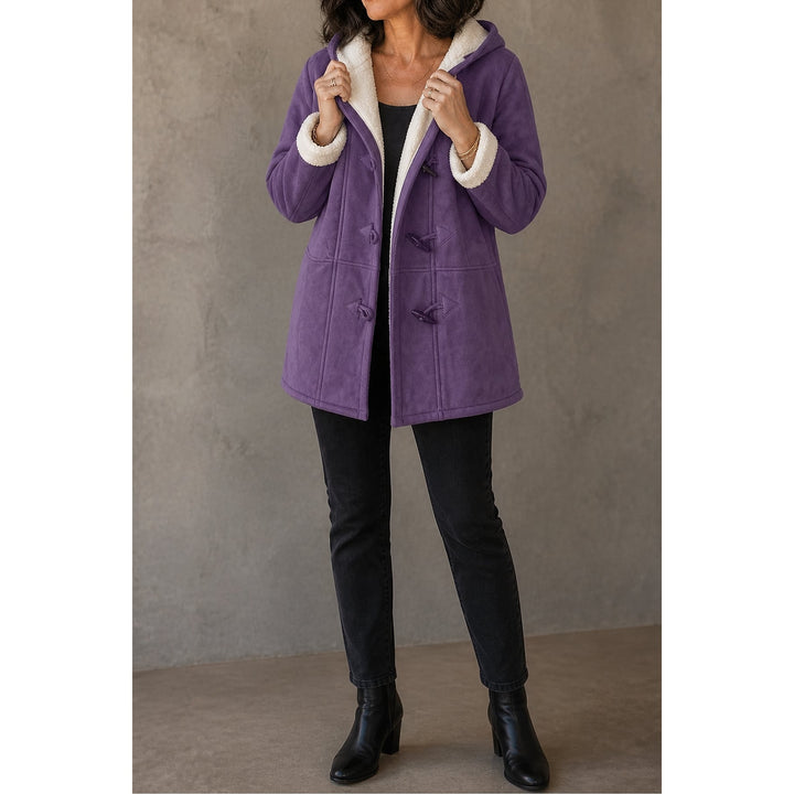 Women's Hooded Faux Suede Coat in Dusty Purple, front view