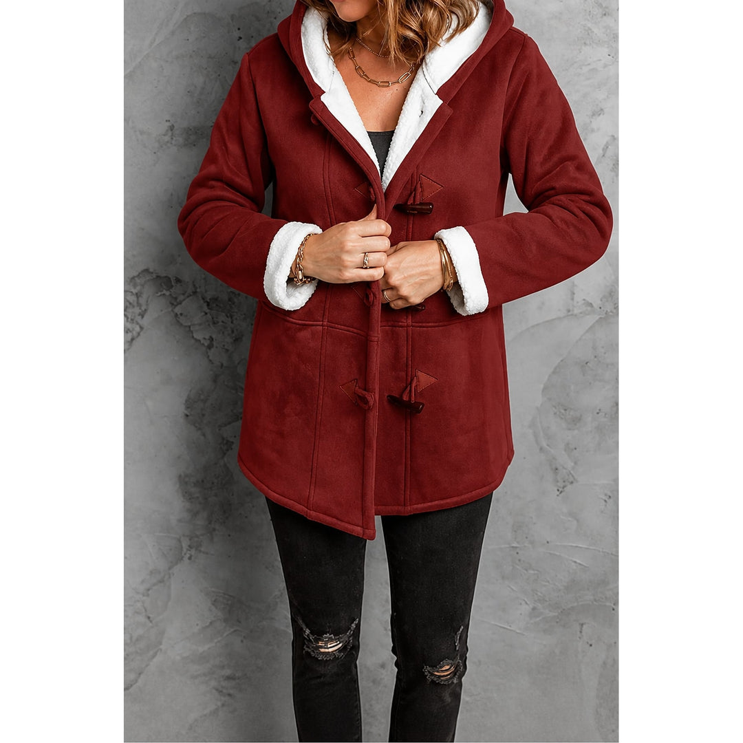Women's Hooded Faux Suede Coat in Brick Red, front view