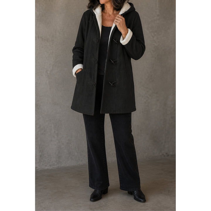 Women's Hooded Faux Suede Coat in Black, front view