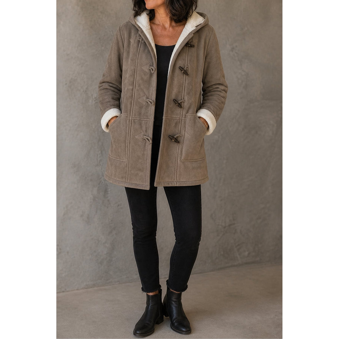 Women's Hooded Faux Suede Coat in Taupe, front view