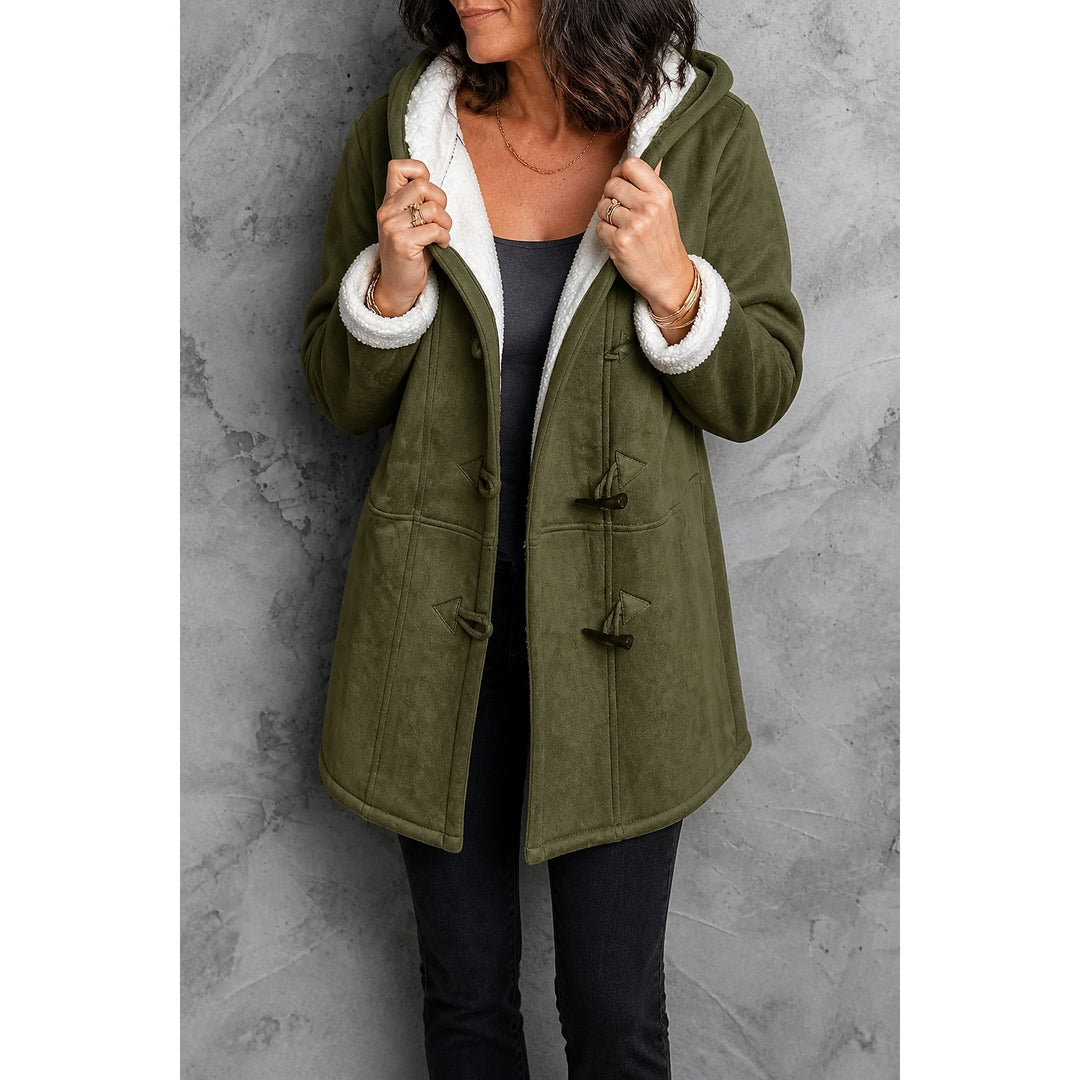 Women's Hooded Faux Suede Coat in Olive Green, front view