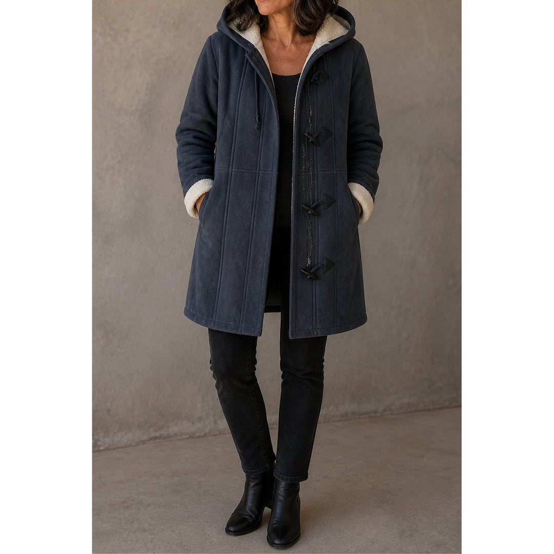 Women's Hooded Faux Suede Coat in Charcoal Gray, detail view