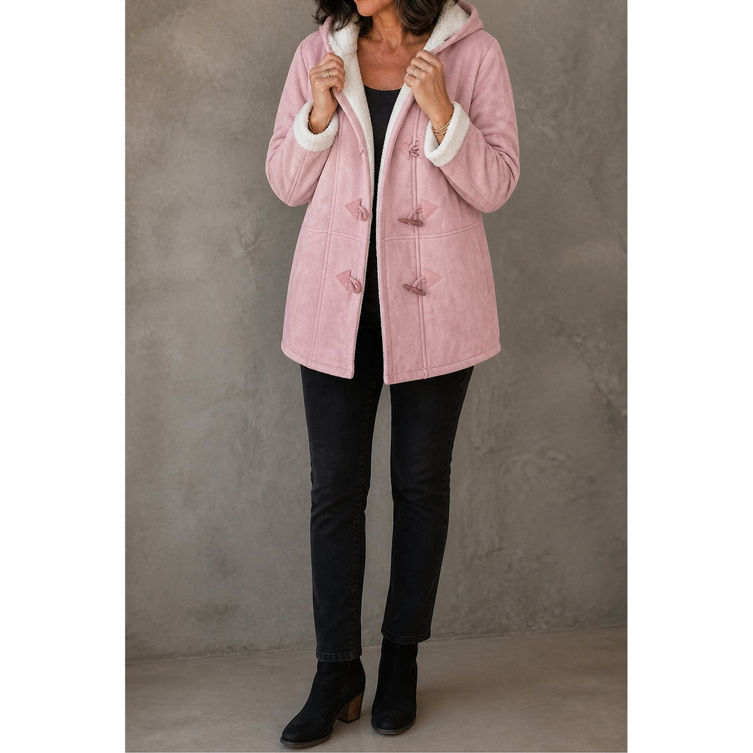 Women's Hooded Faux Suede Coat in Blush Pink, detail view
