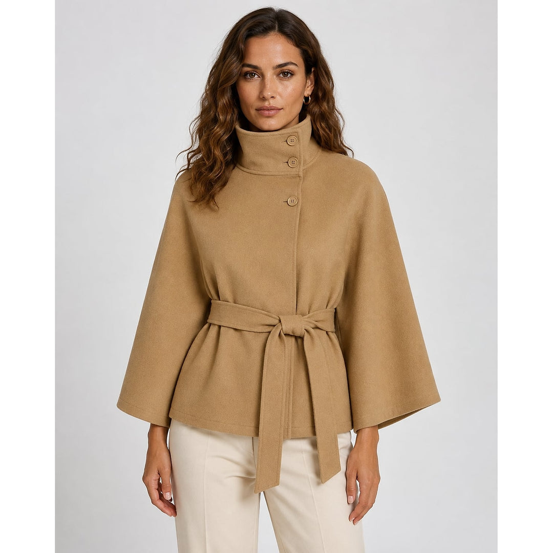Women's Belted Cape Coat in Khaki, front view