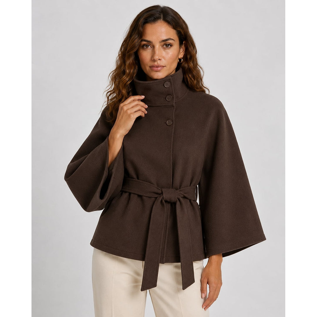 Women's Belted Cape Coat in Brown, front view