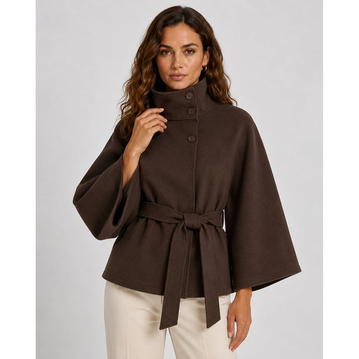 Women's Belted Cape Coat in Brown, front view