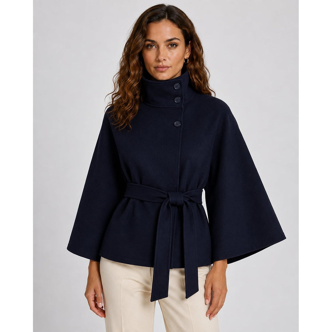 Women's Belted Cape Coat in Navy, front view