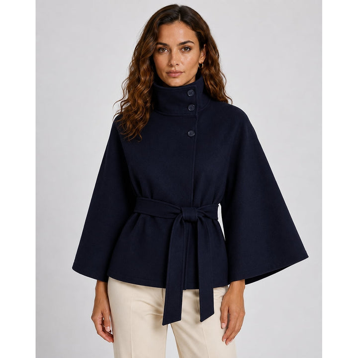 Women's Belted Cape Coat in Navy, front view