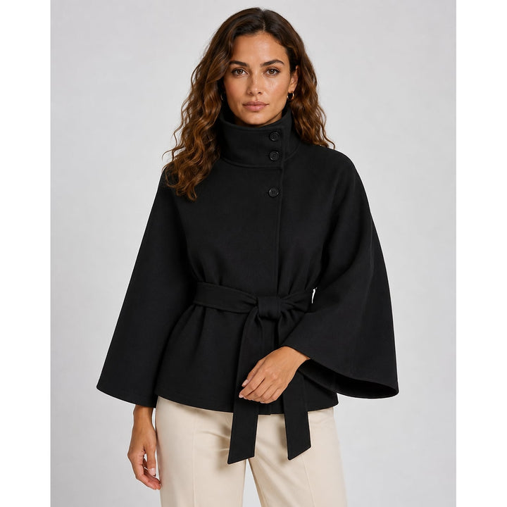 Women's Belted Cape Coat in Black, front view