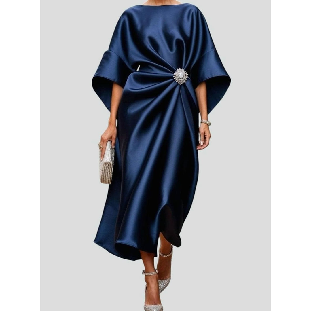 Women's Satin Midi Dress in Navy, front view