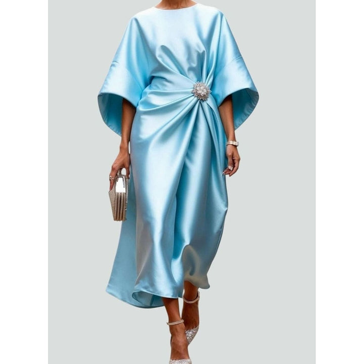 Women's Satin Midi Dress in Light Blue, front view