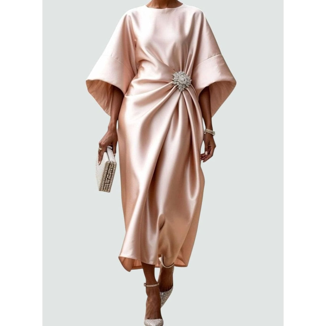Women's Satin Midi Dress in Beige, front view