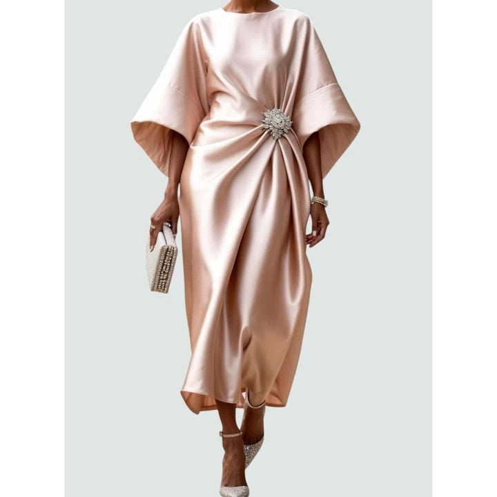 Women's Satin Midi Dress in Beige, front view