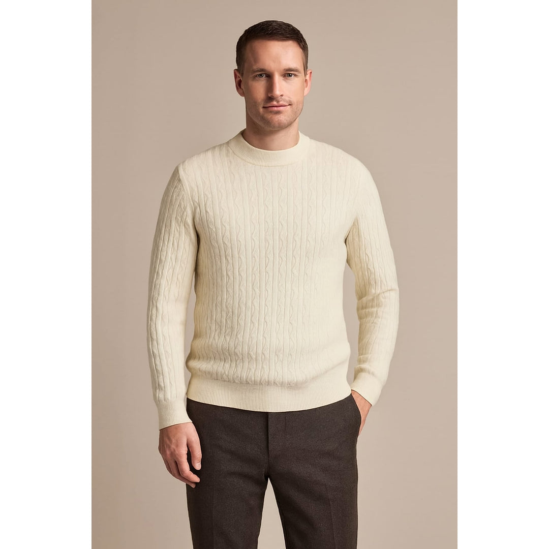 Men's Cable Knit Crew Neck Sweater in Cream, front view