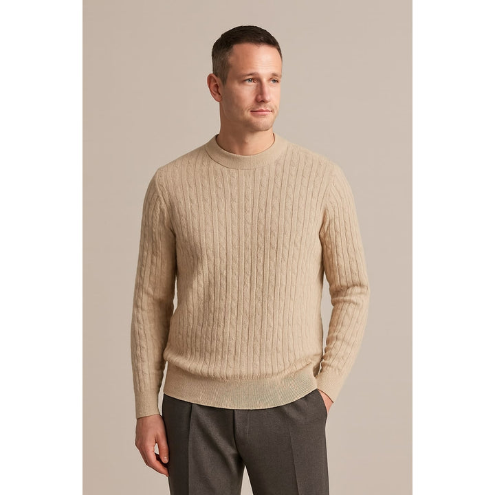Men's Cable Knit Crew Neck Sweater in Beige, front view