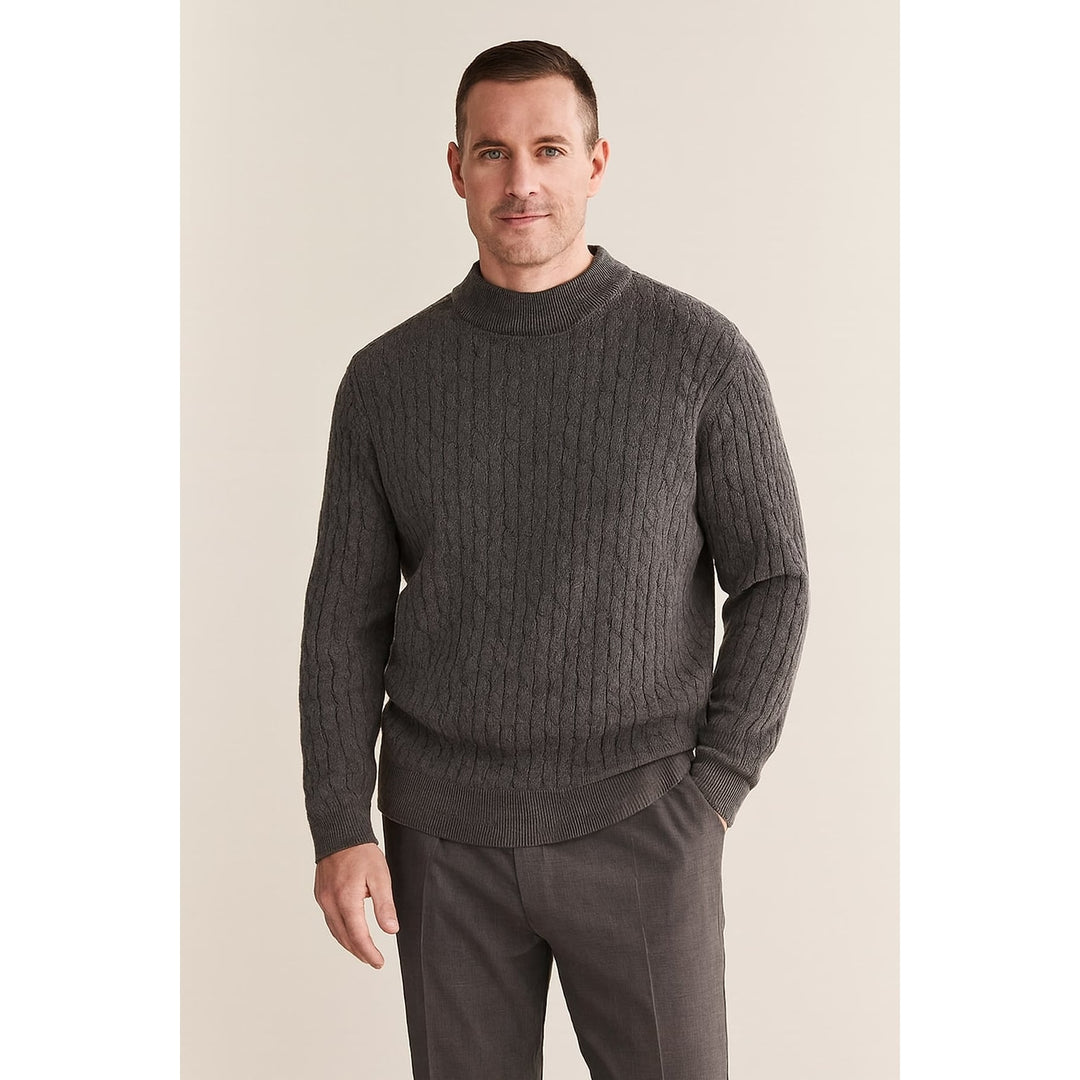 Men's Cable Knit Crew Neck Sweater in Dark Gray, front view