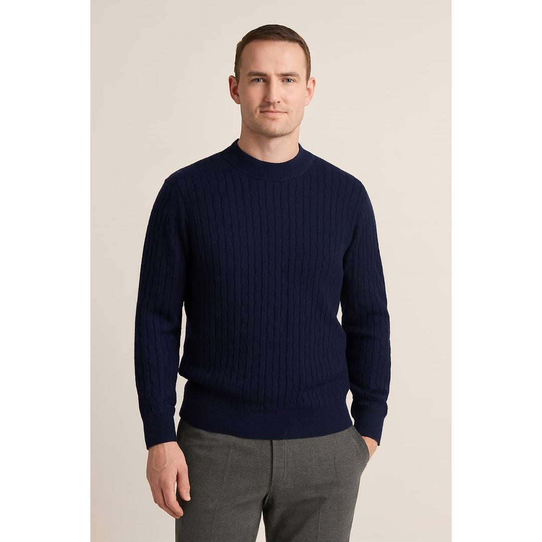Men's Cable Knit Crew Neck Sweater in Navy, front view
