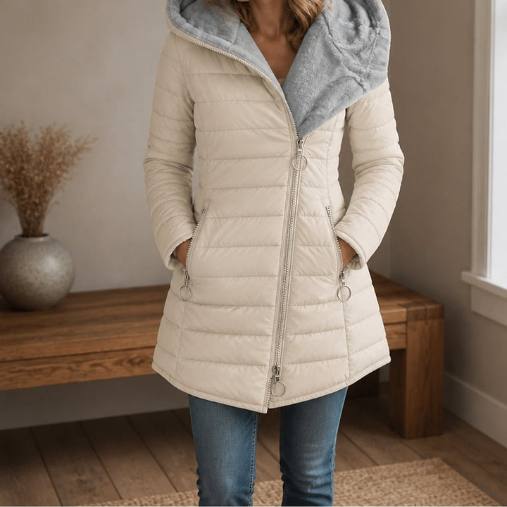 Women's Long Puffer Coat in Beige, front view