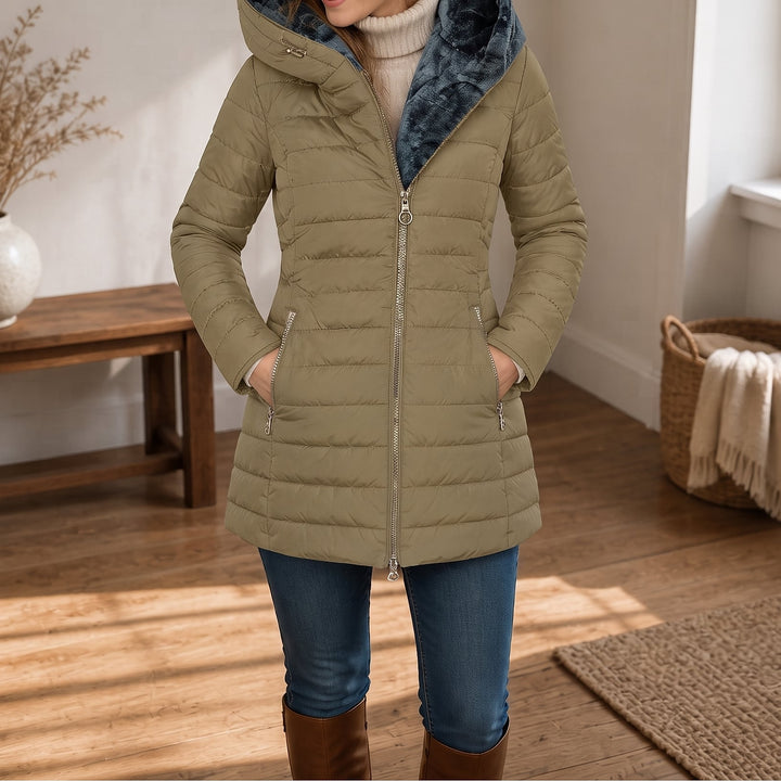Women's Long Puffer Coat in Khaki, front view