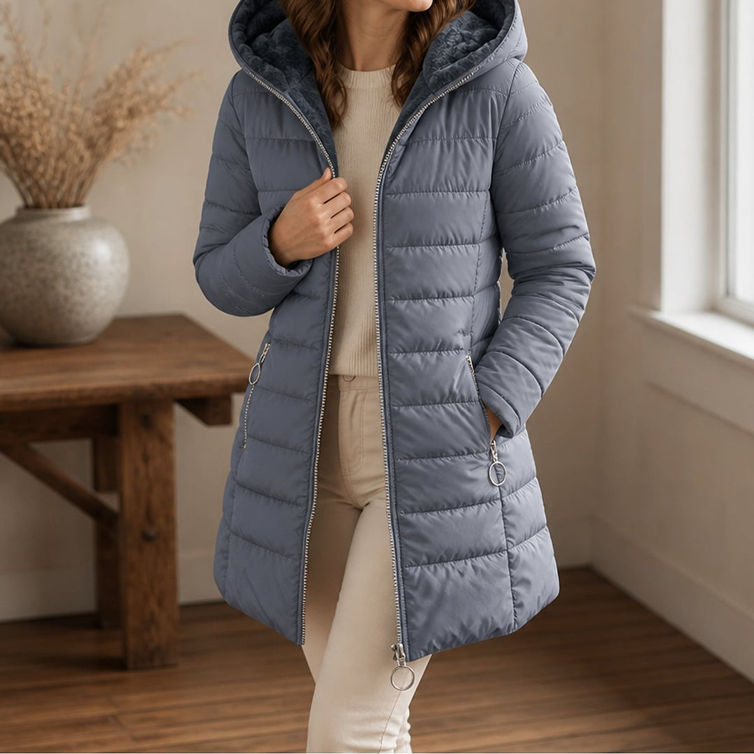 Women's Long Puffer Coat in Gray, front view