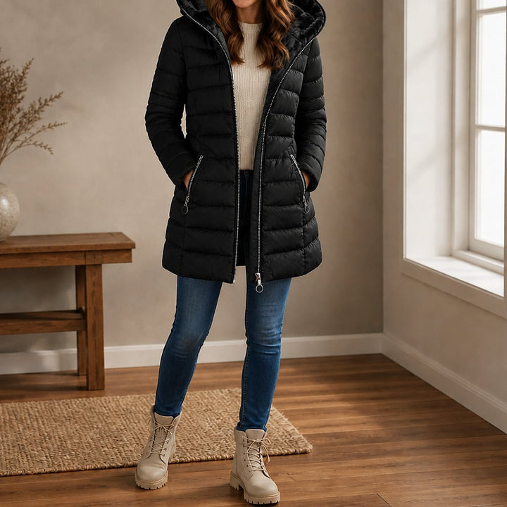 Women's Long Puffer Coat in Black, front view