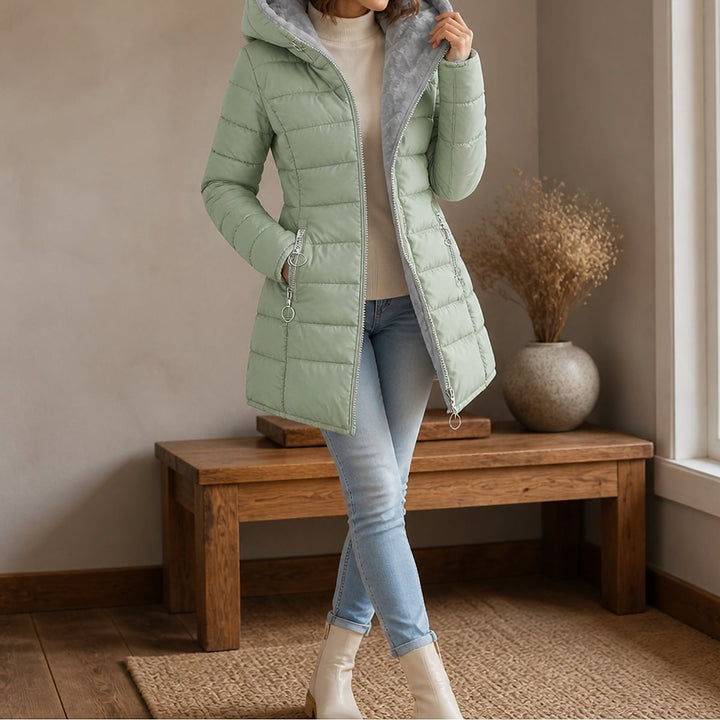 Women's Long Puffer Coat in Green, front view
