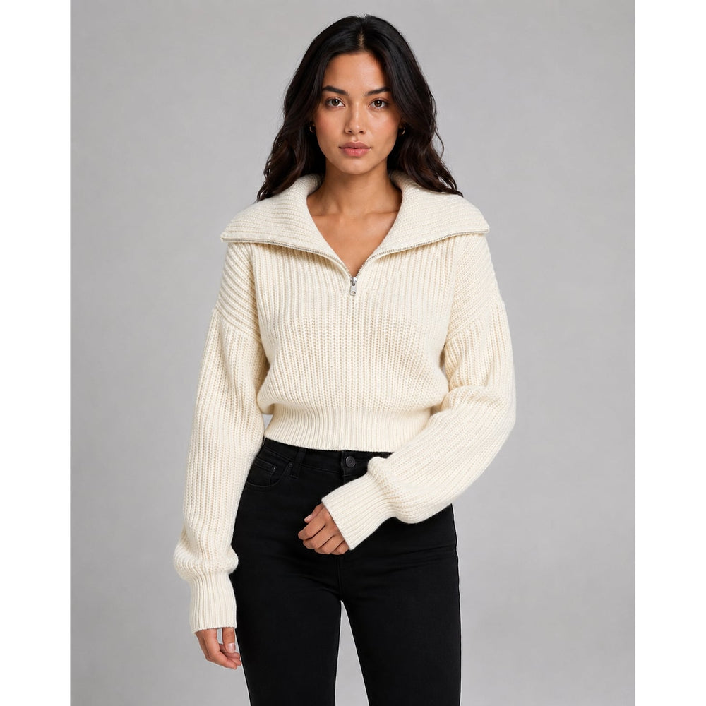 Women's Cropped Half Zip Sweater in Peach, front view