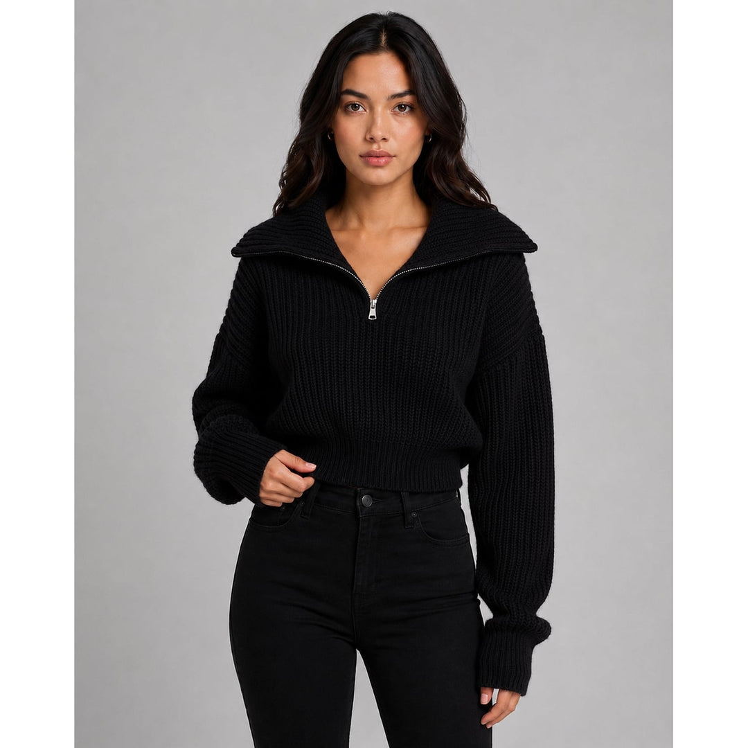 Women's Cropped Half Zip Sweater in Black, front view