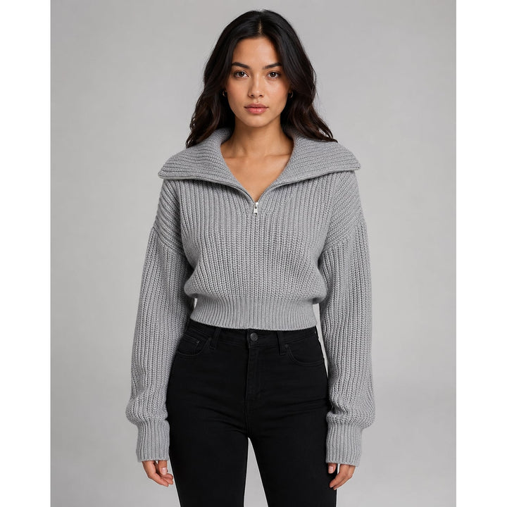 Women's Cropped Half Zip Sweater in Gray, front view