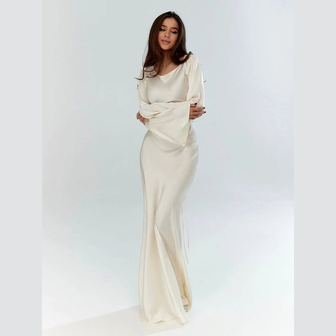 Women's Long Sleeve Maxi Dress in Beige, front view