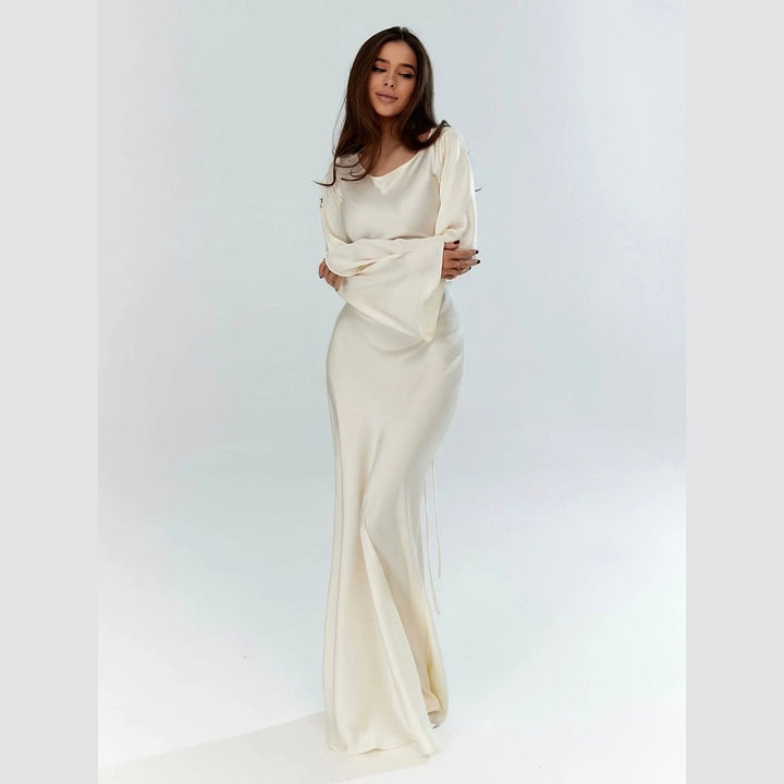 Women's Long Sleeve Maxi Dress in Beige, front view