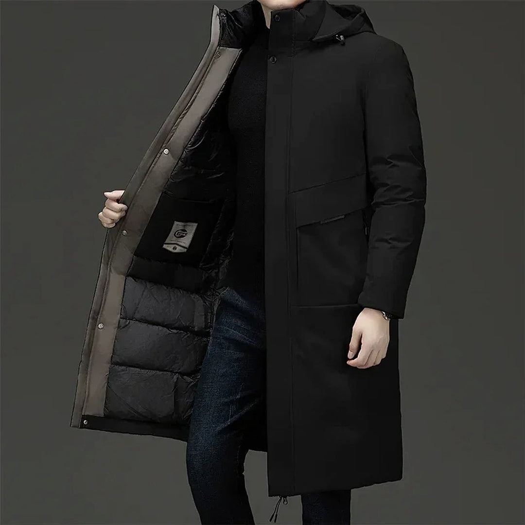 Men's Long Coat in Black, front view