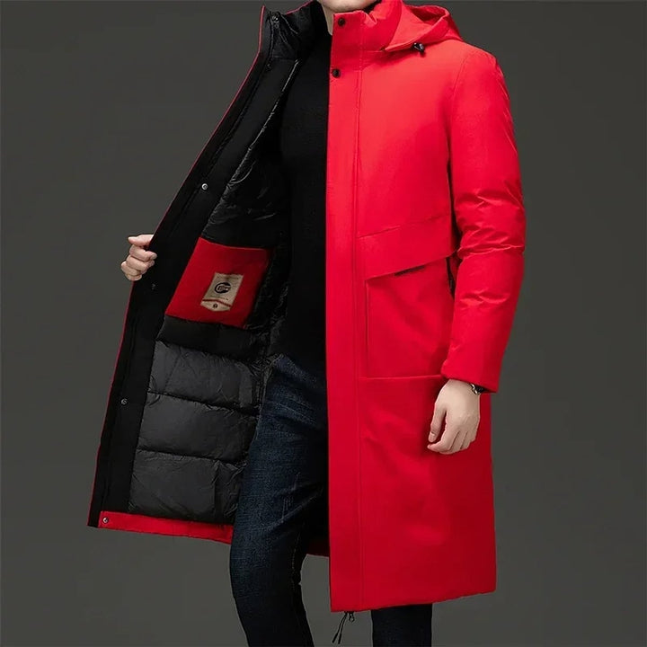 Men's Long Coat in Red, front view