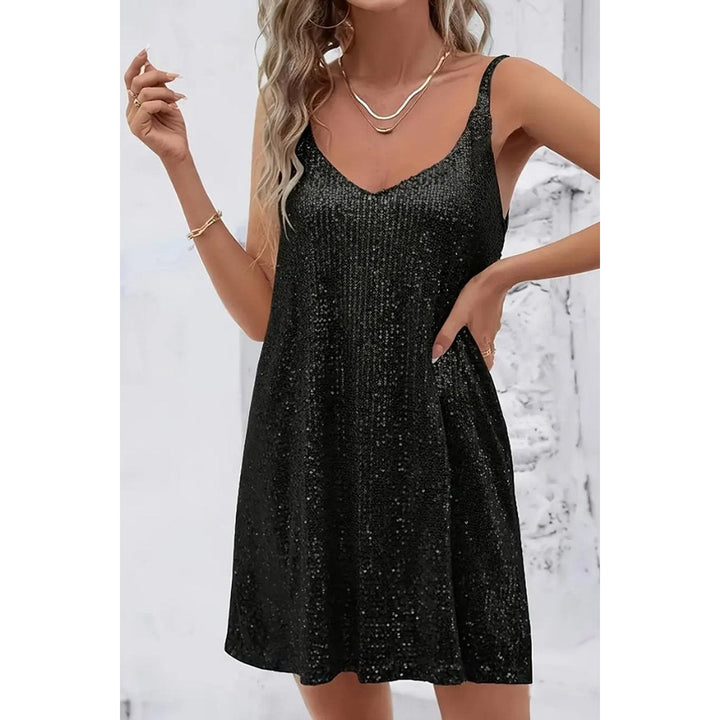 Women's Sequin Mini Dress in Black, front view