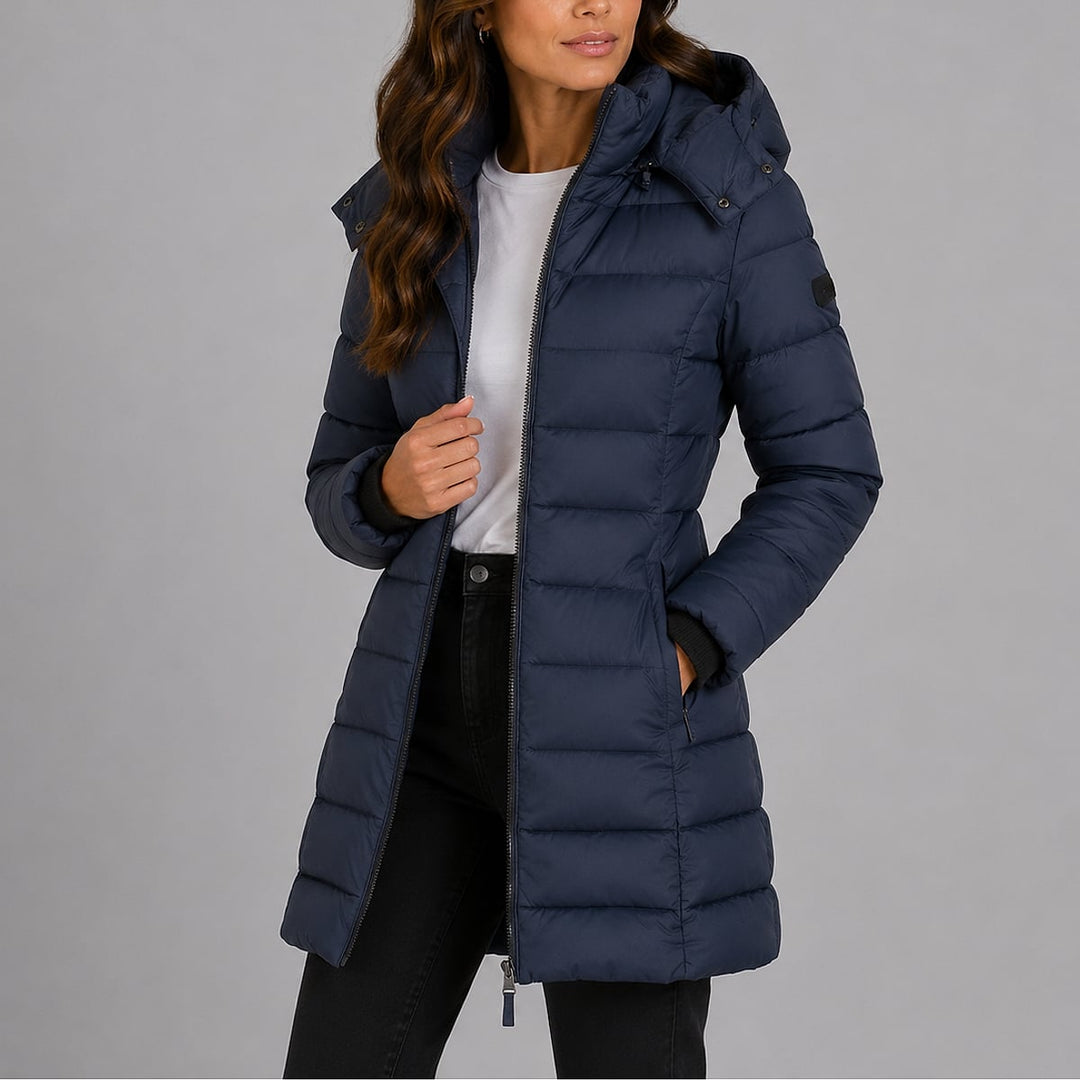 Women's Puffer Jacket in Navy Blue, front view