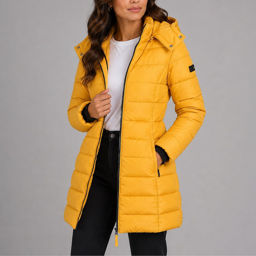 Women's Puffer Jacket in Yellow, front view
