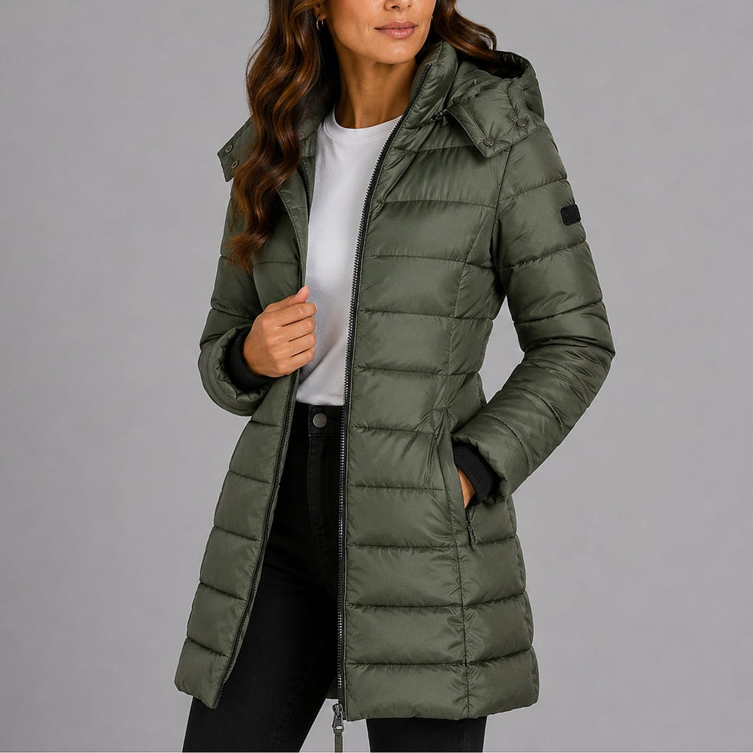 Women's Puffer Jacket in Green, front view