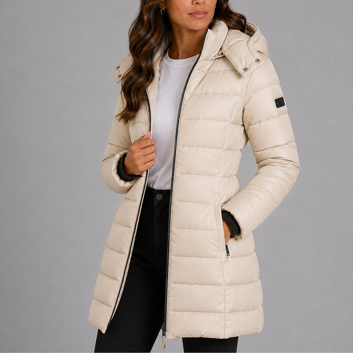 Women's Puffer Jacket in Beige, front view