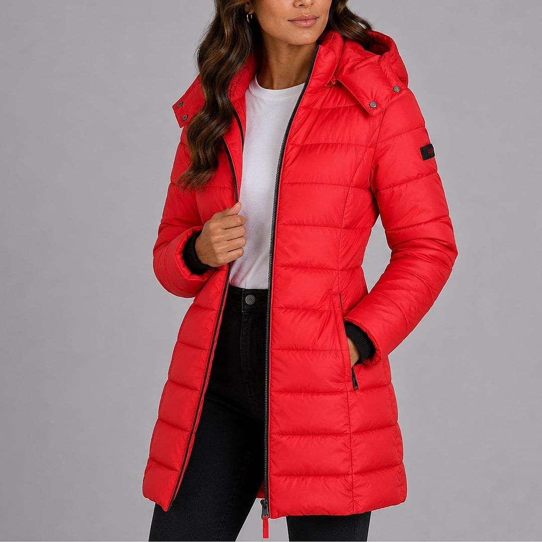 Women's Puffer Jacket in Red, front view